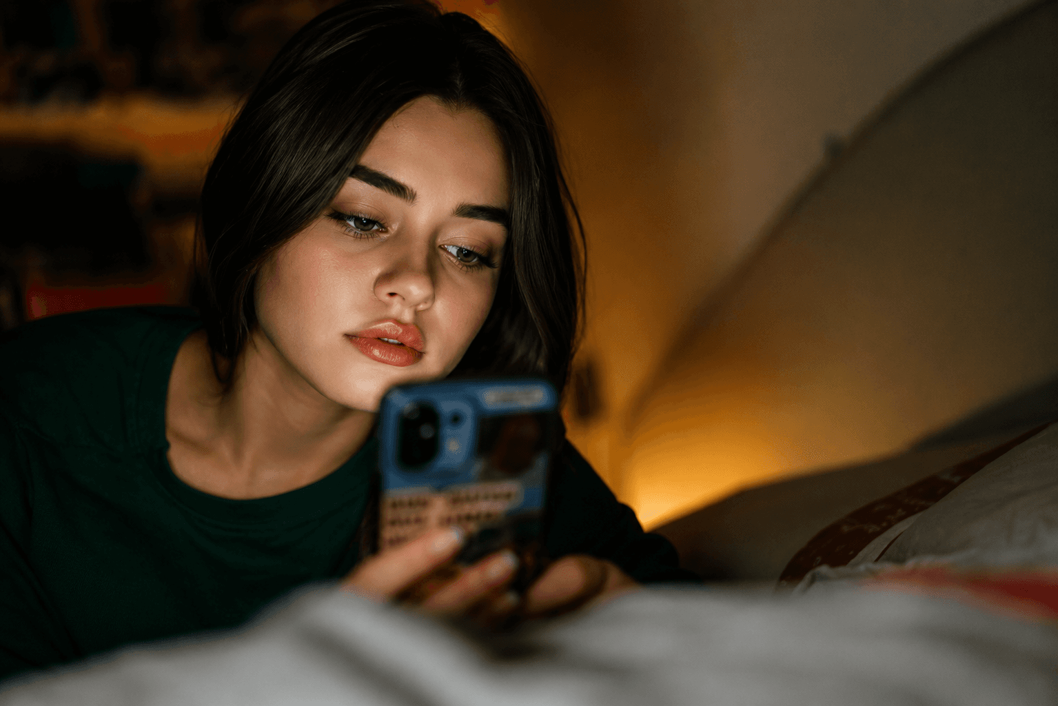 Woman using her phone in a quiet moment
