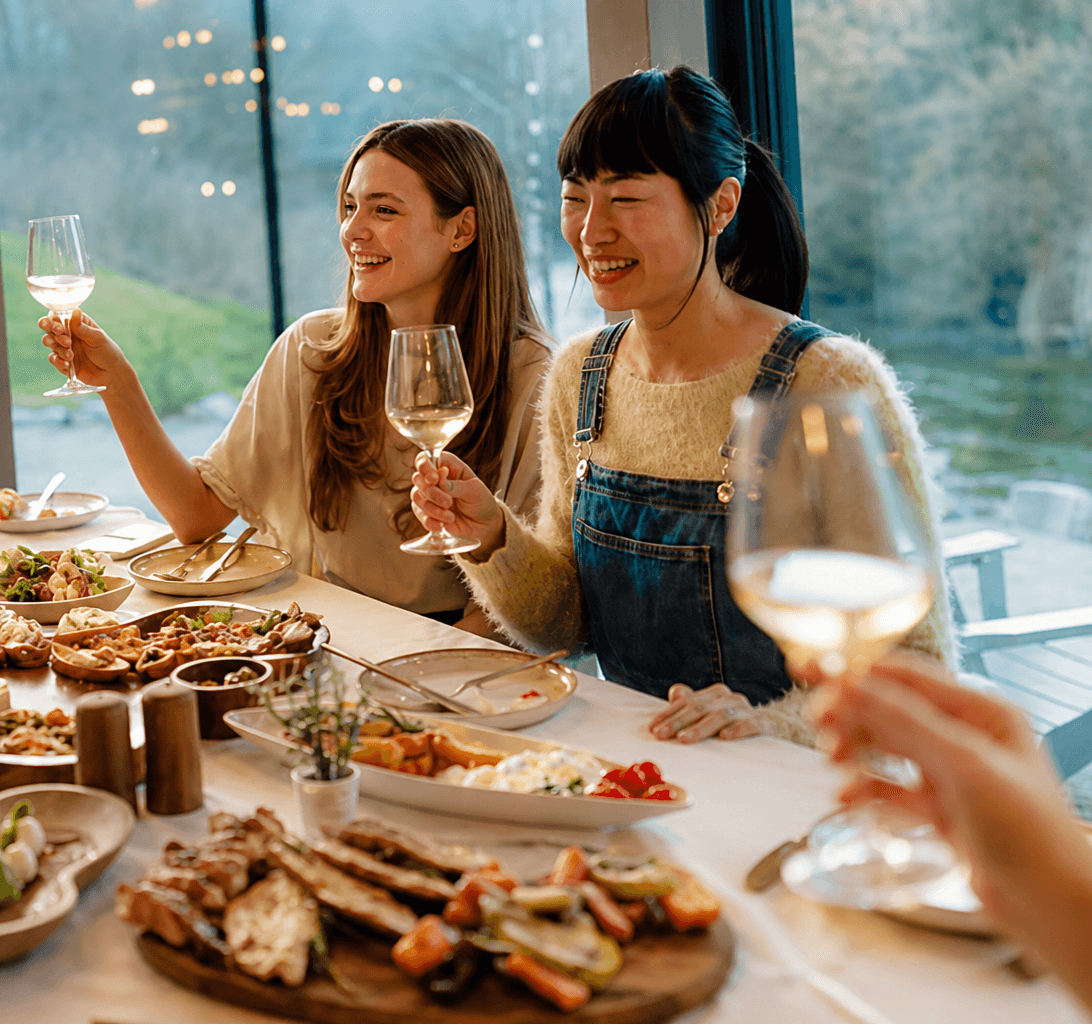 Women laughing together over lunch